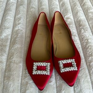 J Crew Ruby Red Satin Embellished Pointed Toe Flats Size 10 NWT